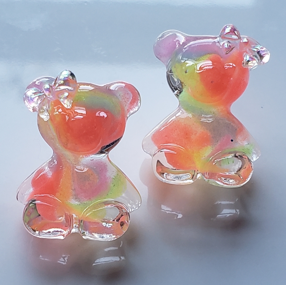 Handmade Rainbow Bear with Bows Stud Earrings - Reacts to UV Light